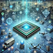 A futuristic illustration depicting AI-powered edge computing and IoT