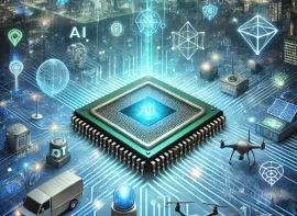 A futuristic illustration depicting AI-powered edge computing and IoT